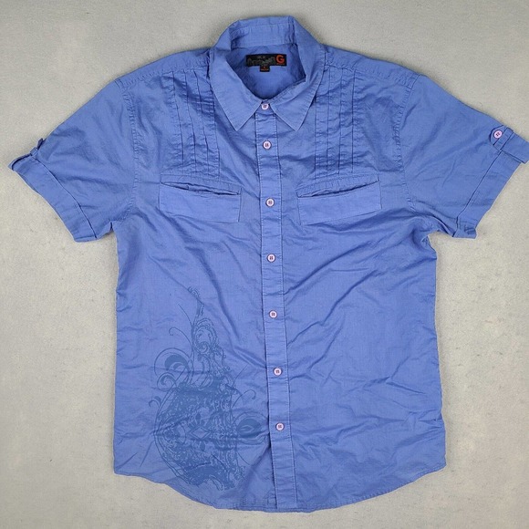 G By GUESS Shirt Men's‎ Large Blue Short Sleeve Button Down Tattoo Art - Picture 1 of 12